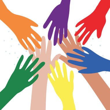 LGBT topluluğunun temsilcisi. Farklı renkte eller. LGBTQ sembolizmi. İnsan hakları ve hoşgörü. Farklı kültür ve görüşlere sahip insanların birliği. Barış ve dostluk kavramı.