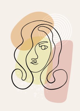 Soyut modern yüz. Minimalizm ve basit formlar. Tek sıra halinde kadın portresi. Güzellik konsepti, duvar sanatı. Tişört baskısı ve trend vektör posteri.