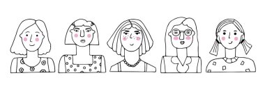 Vector set of portraits of people. Cartoon funny minimalistic female characters of different ages. Drawings of women's faces with various emotions and moods. Avatar for social networks.