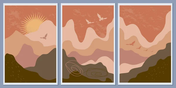 Abstrakte Monochrome Gebirgslandschaften Wandkunst Minimalismus Sonnenuntergang Und Fliegende Vögel Terrakottafarben — Stockvektor