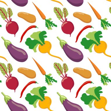 Farklı sebzelerin kusursuz deseni. Vejetaryen sağlıklı yemek. Organik sağlıklı yiyecekler toplayın. Vektör arkaplanı.