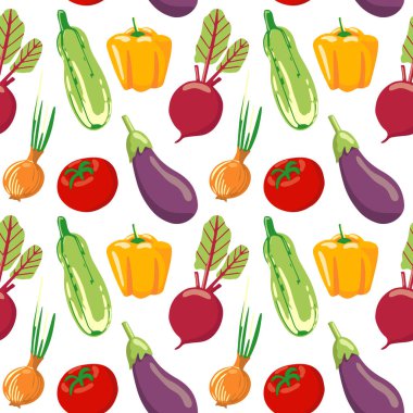 Farklı sebzelerin kusursuz deseni. Vejetaryen sağlıklı yemek. Organik sağlıklı yiyecekler toplayın. Vektör arkaplanı.