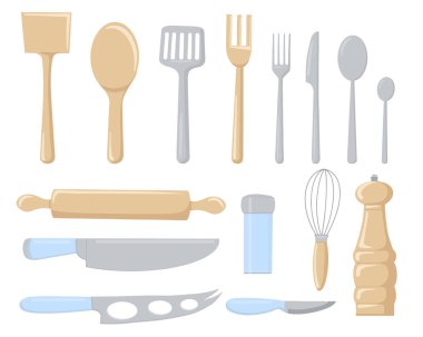 Yemek için mutfak aletleri ve çatal bıçak takımı. Vektör daire koleksiyonu.