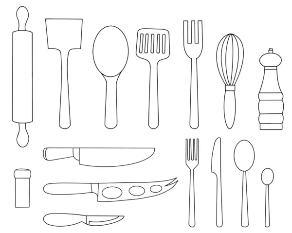 Комплект Кухонных Принадлежностей Столовых Приборов Еды Линейный Рисунок — стоковый вектор