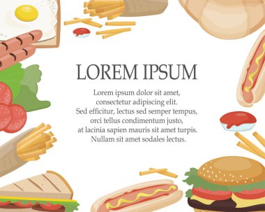 Fast food servisi. Hamburger, sosisli sandviç, patates kızartması, tost ve yumurta gibi gerçekçi öğeler. Menü veya davet şablonu arka planı.
