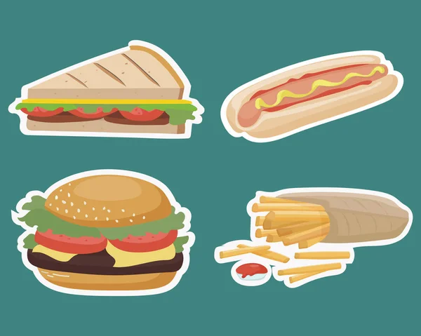 Fast food paket etiketleri. Hamburger, sosisli sandviç, patates kızartması. Beyaz arkaplanda çizgi film çizimi.
