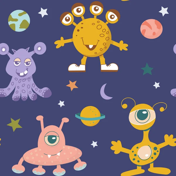 Seamless Pattern Alien Cute Monsters Various Planets Galactic Stars Vector — Stock Vector