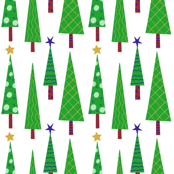 Nahtloses Silvestermuster aus grünen stilisierten geschmückten Weihnachtsbäumen. Vektorurlaub Hintergrund für Verpackungen, Papier und Textilien — Stockvektor