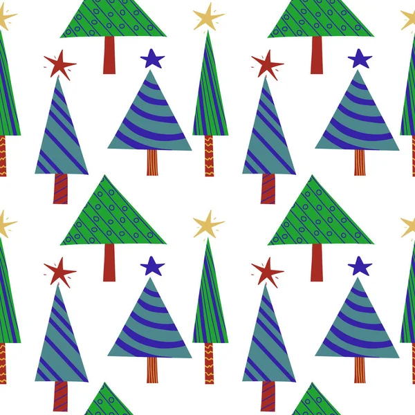 Nahtloses Silvestermuster Aus Grünen Stilisierten Geschmückten Weihnachtsbäumen Vektorurlaub Hintergrund Für — Stockvektor