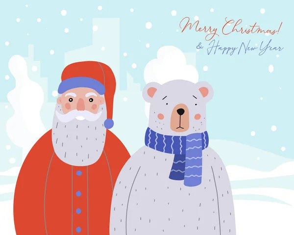 Boldog Karácsonyi üdvözlőlapot. Aranyos Teddy Bear és a Mikulás a háttérben a téli erdőben. Üdülési vektor illusztráció — Stock Vector