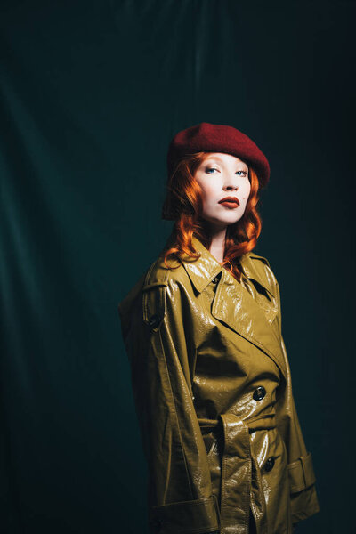 Classy French Red Haired Girl Green Trenchcoat Red Beret Retro Royalty Free Stock Images