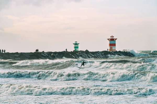 Kite Surf Tempestade Inverno Com Saltos Altos Extremos Scheveningen Países — Fotografia de Stock