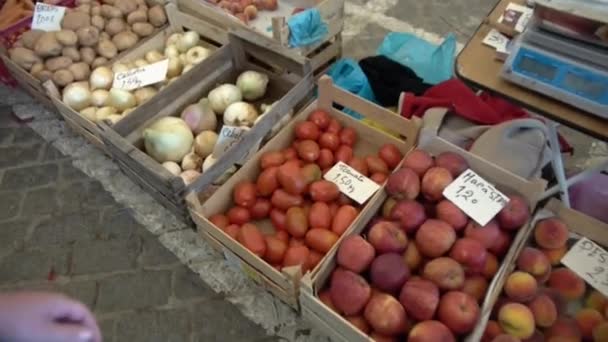 Ponto Vista Uma Fêmea Pegando Tomate Mercado Local Vpo Perspectiva — Vídeo de Stock