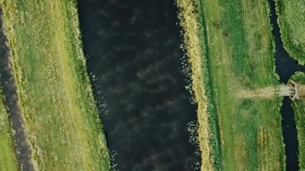 オランダの田舎で灌漑チャンネルの表面上の遅いスライド上のビュー 高品質のフルHd映像 — ストック動画