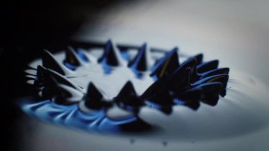 Manyetik kuvvetler şeklini değiştirirken titreşen Ferrofluid. Karanlık ve sanatsal. 4K çözünürlüğü. Yavaş çekim.