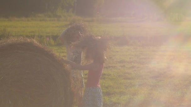 两个女孩在夏日的阳光下玩干草 无忧无虑的夏天高质量的Fullhd视频 慢动作 — 图库视频影像