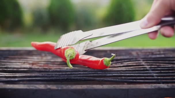 Rode peper wordt op een barbecue gezet in de tuin. — Stockvideo
