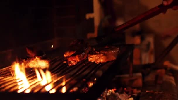 Vlees geroosterd op een grote barbecue met vuur. — Stockvideo