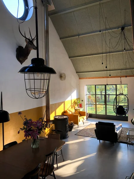 Innenraum eines Dachgeschosses. Wohnzimmer mit modernen Möbeln aus der Mitte des Jahrhunderts. Betonboden und Pflanzen. Senfgelber Stuhl. Hängender Drehstuhl. Vintage Teppich. — Stockfoto