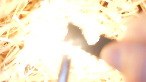 Vuur maken met een magnesiumbrander. Overlevingshulpmiddel voor het opzetten van een kampvuur. Slow-motion 180fps. Vonken — Stockvideo