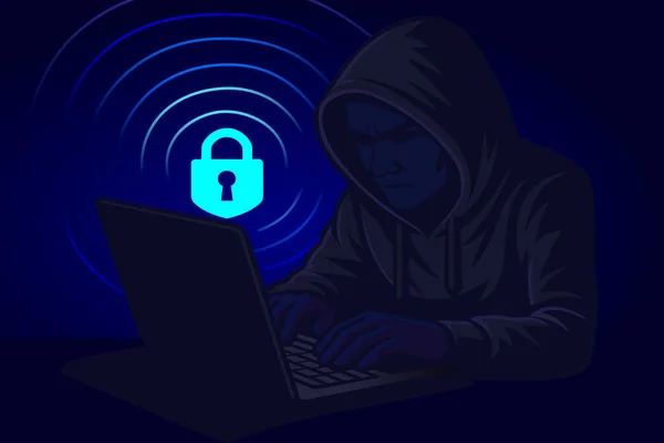 Karanlık bir geçmişi olan bir bilgisayar korsanı. Bilgisayardaki hacker. vektör illüstrasyonu