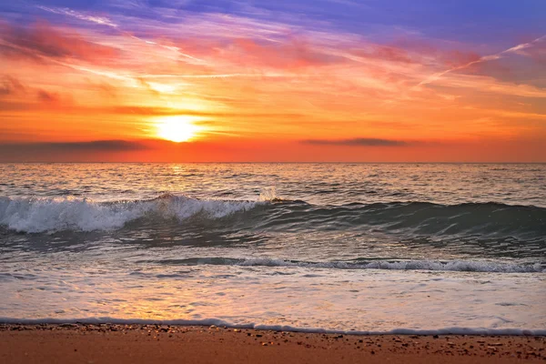 Kleurrijke oceaan strand zonsopgang met diepe blauwe lucht. — Stockfoto