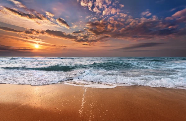 Kleurrijke oceaan strand zonsopgang met diepe blauwe lucht en zonnestralen. — Stockfoto