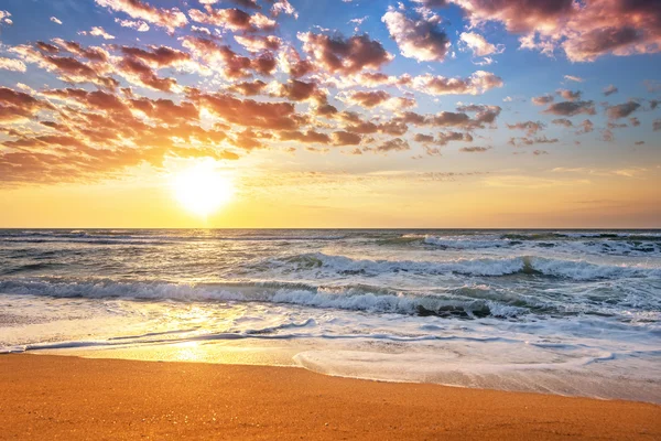 Colorful ocean beach sunrise with deep blue sky and sun rays. — Stock Photo, Image