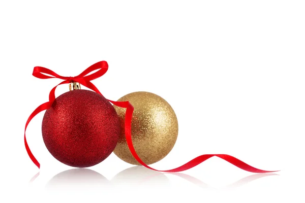 Christmas balls with ribbon on white background. — Stock Photo, Image