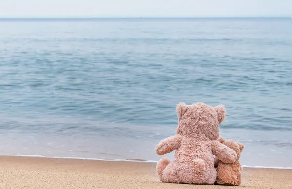 Teddybären sitzen mit Liebe am schönen Strand. Konzept ab — Stockfoto