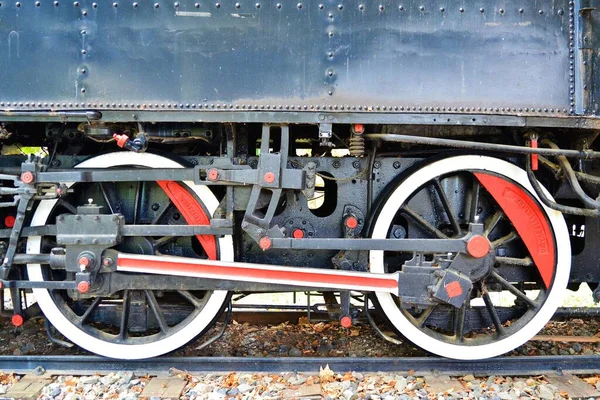 Side view of the locomotive of a red and black train on rails