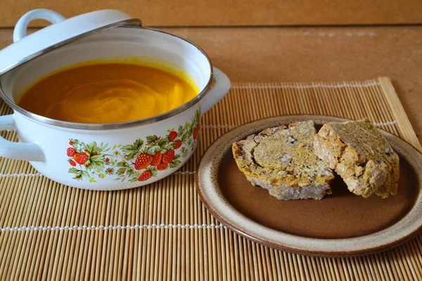 Pot Orange Soup Plate Bread Next — Stock Photo, Image