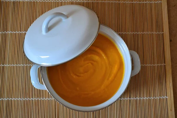 Pumpkin Carrot Soup White Pot Wooden Background — Stock Photo, Image