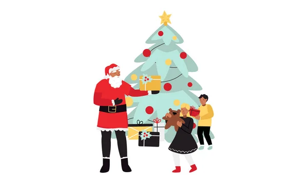 Papai Noel dá presentes para crianças perto da árvore de Natal. Ilustração de inverno — Vetor de Stock
