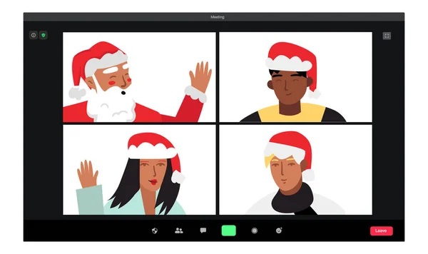 Comunicação remota por vídeo. Festa corporativa de Ano Novo. Ilustração de inverno —  Vetores de Stock