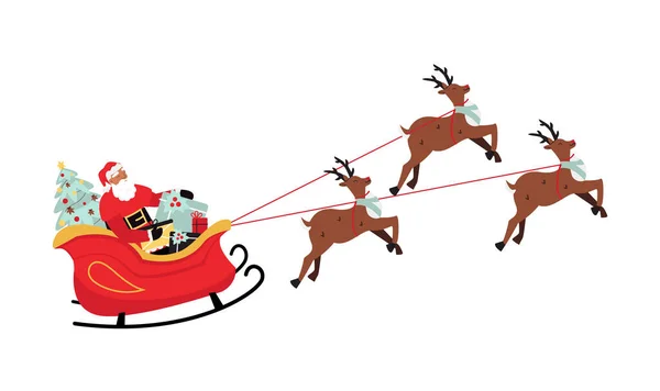 Weihnachtsmann mit Geschenken auf Schlitten mit Rentieren. Weihnachten Winter Illustration — Stockvektor