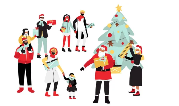 Pessoas e Papai Noel em torno da árvore de Natal celebrar os feriados de Ano Novo —  Vetores de Stock