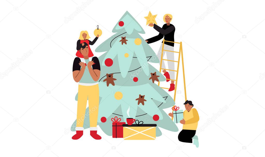 Family decorates the Christmas tree with garlands and toys at home. Winter illustration