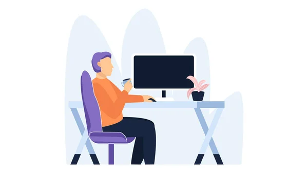 Um homem sentado numa cadeira a beber café e a trabalhar num computador. Ilustração do trabalho —  Vetores de Stock
