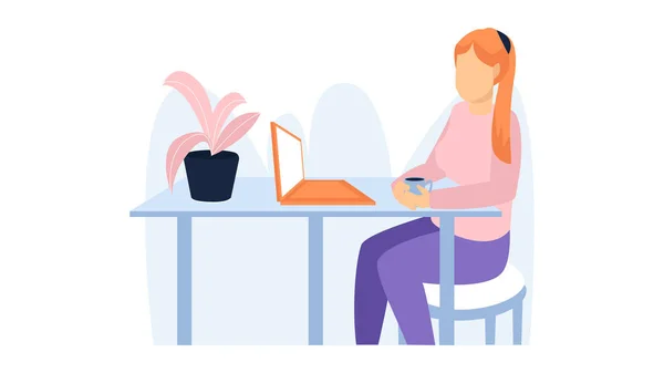 Una mujer sentada en la mesa y trabajando en casa. Ilustración laboral — Vector de stock