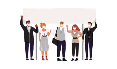 Bir toplantıda girişimciler, işadamları ve maske takan ofis çalışanları protesto gösterisi düzenliyor.