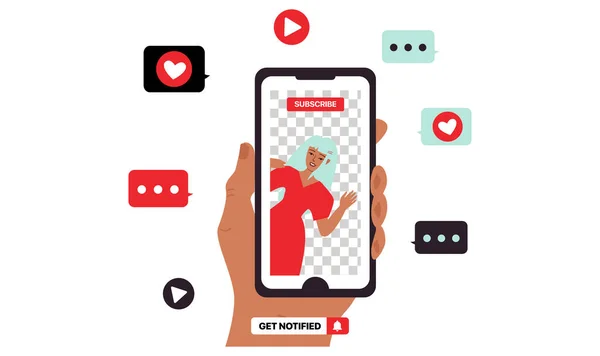 YouTube Illustration. Smartphone in der Hand mit fliegenden Social-Media-Ikonen. Benachrichtigungstaste — Stockvektor