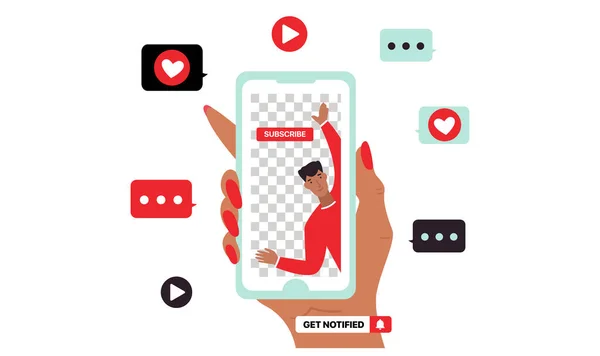 Youtube Illustration. Smartphone in Frauenhand mit fliegenden Social-Media-Ikonen. Flache Vektor-Illustration — Stockvektor