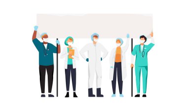Koronavirüs salgını sırasında maskeli sağlık görevlileri ve doktorlar protesto gösterisi düzenliyor.