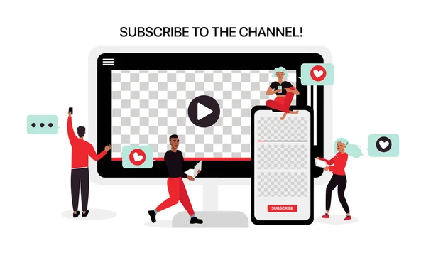 Youtube İllüstrasyon. Blogcular Sosyal ağlar için İçerik Yapıyor. Düz Vektör İllüstrasyonu