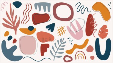 Elle çizilmiş çeşitli şekiller ve karalama nesneleri. Soyut şekiller arka plan. Minimal kapak tasarımı. Soyut desenler kümesi