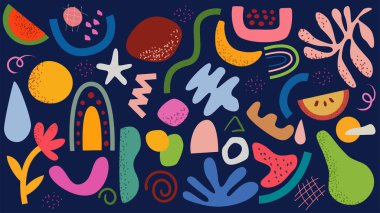 Bir dizi soyut patern. El çizimi şekiller ve karalama nesneleri. Soyut şekiller arka plan. Asgari kapak tasarımı. 