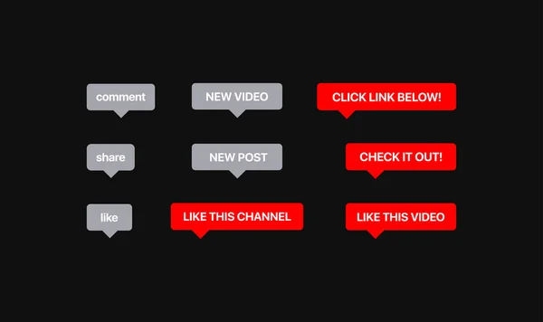 Notificação de Mensagem de Mídia Social. Botões planos vermelhos e cinzentos. Ilustração vetorial em fundo preto. —  Vetores de Stock