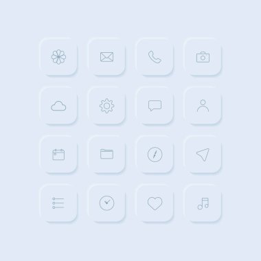 Neumorphism tarzında simgeler. Fotoğraflar, postalar, ayarlar, telefon simgeleri. Kamera, navigasyon, müzik, dizin ve takvim simgeleri.