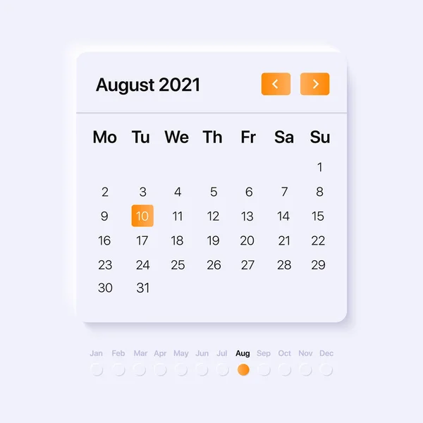 Ağustos ayı için UI takvim konsepti. Mobil ve web arayüzü. Neumorphism tasarımı olan parçacık